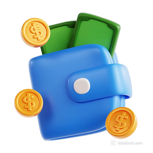 Vibrant Decorative Ornament Set With Blue Wallet Green Bills And Gold Dollar Coins 3d model 