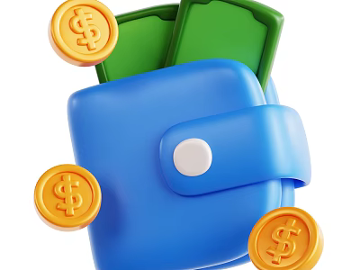 Vibrant Decorative Ornament Set With Blue Wallet Green Bills And Gold Dollar Coins 3d model