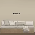 Poliform Banquette Sofa With Decorative Pillows And Blanket In Beige Wall Interior