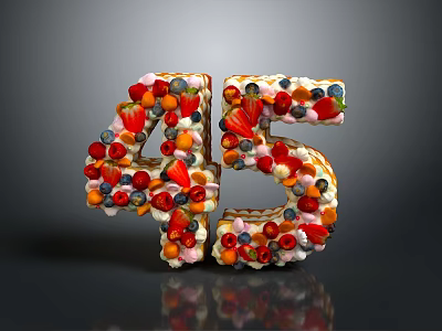 Number 45 Shaped Fruit Dessert With Fresh Berries Cream And Pastry 3d model