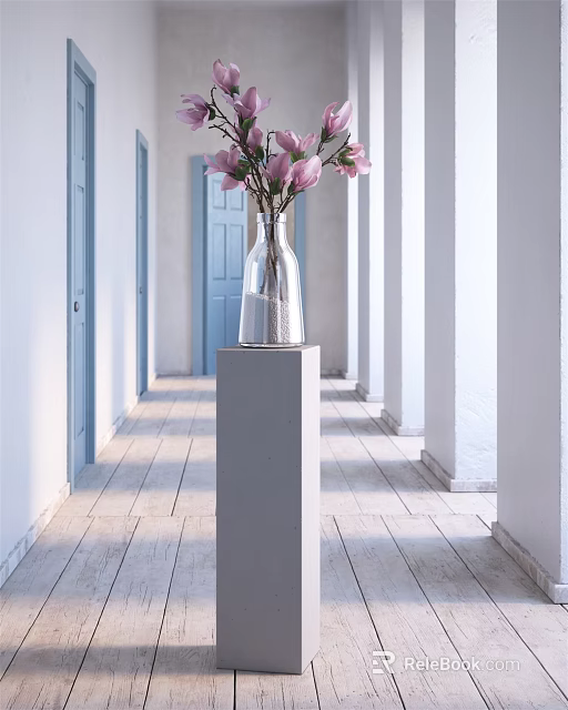 Bonsai Plant Display On Gray Pedestal In Corridor With Wooden Floor And White Columns 3d model 