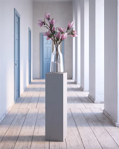 Bonsai Plant Display On Gray Pedestal In Corridor With Wooden Floor And White Columns 3d model