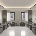 Spacious Modern Hotel Public Lounge Area With Gray Sofas Large Windows And Green Plants 3d model