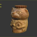 Terracotta Ceramic Vessel With Animal Head Skull Carvings And Red Brown Beige Textured Surface