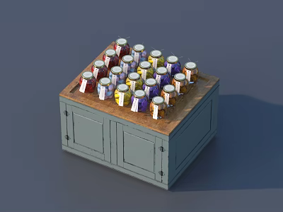 Display Shelf With Colorful Jars Neatly Arranged On Wooden Top 3d model