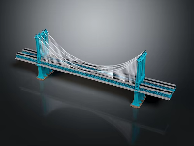 Blue Suspension Bridge Model With Tall Towers White Cables And Road Deck 3d model
