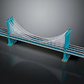 Blue Suspension Bridge Model With Tall Towers White Cables And Road Deck