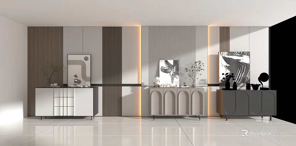 Modern Entryway Console Table And Side Cabinet With Decorative Art Green Plants And Strip Lighting 3d model 