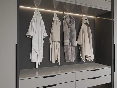 Soft White And Light Gray Robes Hanging In Modern Wardrobe With LED Lights And Drawers 3d model