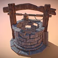 Rustic Garden Ornament Featuring Stone Built Well With Wooden Frame And Hanging Bucket