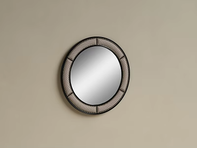 Modern Decorative Round Mirror with Woven Texture Frame on Beige Wall 3d model