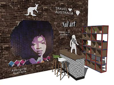 Aboriginal Art Themed Reception Desk With Brick Wall Travel Australia Display Shelves And Stools 3d model