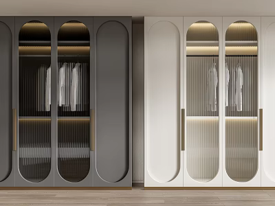 Modern Two Tone Wardrobe Design With Arched Glass Doors And Metal Handles 3d model