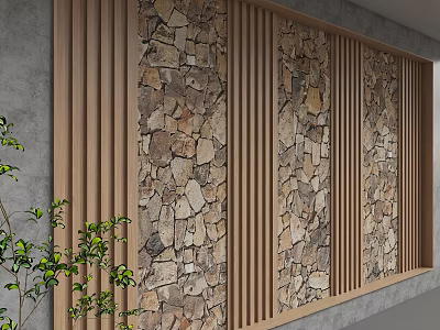 Natural Stone Background Wall With Wooden Slats And Green Plant Accents 3d model