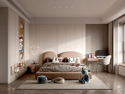Cozy Modern Kids Room Interior Design With Bed Stuffed Elephant Bookshelf Desk And Pendant Light 3d model