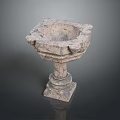Antique Stone Carved Basin With Decorative Pedestal And Intricate Carving Details