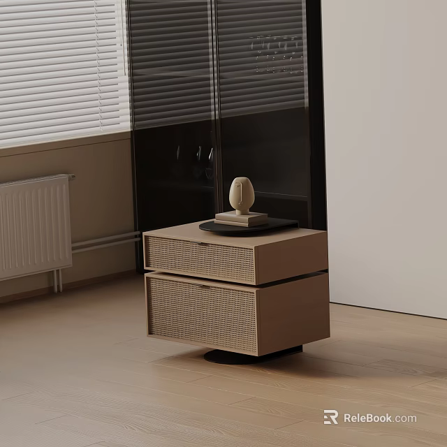 Modern Minimalist Light Brown Bedside Table With Two Woven Texture Drawers And Oval Ornament 3d model 