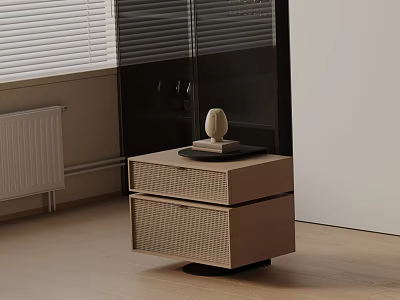 Modern Minimalist Light Brown Bedside Table With Two Woven Texture Drawers And Oval Ornament 3d model