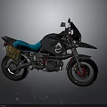 BMW Adventure Motorcycle With Black Body Blue Seat Red Wheels And Camouflage Bag