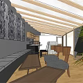 Hotel Guest Room Interior With Wooden Ceiling Bench Tables Chairs And Decorative Wall Art
