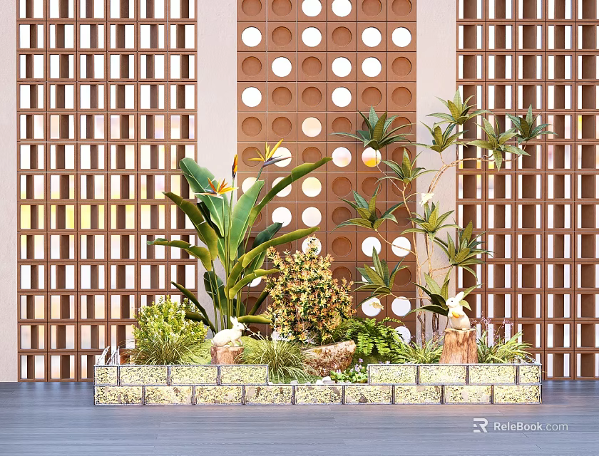 Indoor Landscape Featuring Wooden Lattice Background Dot Patterned Wall Rectangular Planter And Various Green Plants 3d model 