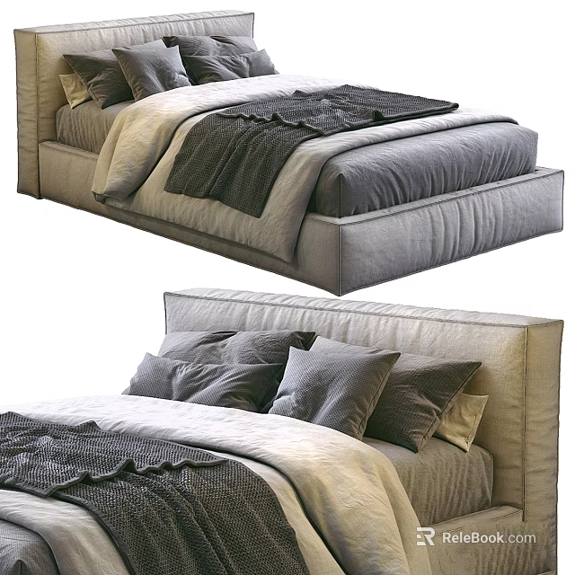 Cozy Double Bed Featuring Grey Pillows Beige Headboard Light Sheets and Dark Blanket 3d model