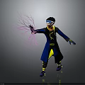 Powerful Character Wearing Blue Coat With Yellow Symbol And Goggles Emitting Purple Lightning Energy