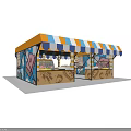 Vibrant Blue Yellow Striped Awning Street Kiosk with Display Window and Artistic Murals