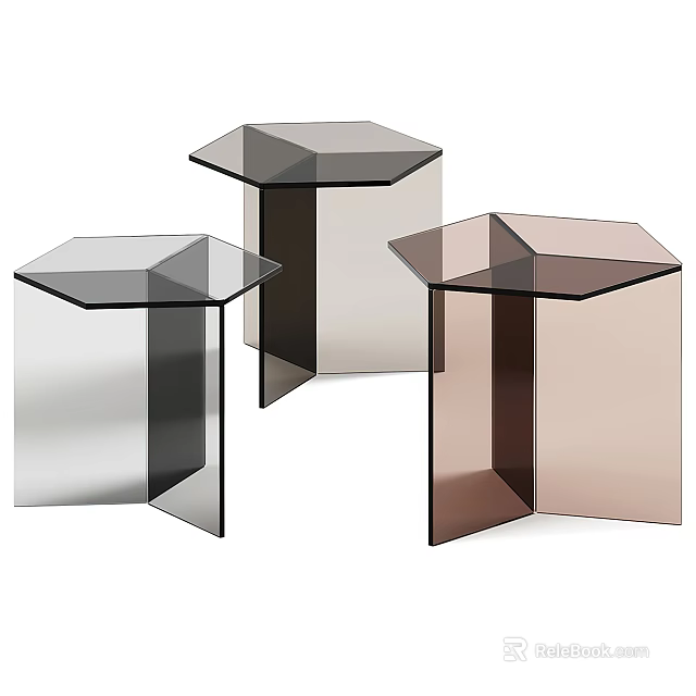 Three Modern Hexagonal End Tables With Transparent Acrylic Black And Brown Sleek Designs 3d model 