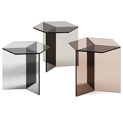 Three Modern Hexagonal End Tables With Transparent Acrylic Black And Brown Sleek Designs 3d model