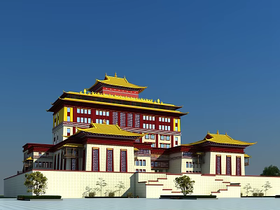 Traditional Chinese School Building With Yellow Roof Red Walls Multiple Floors Steps And Trees 3d model