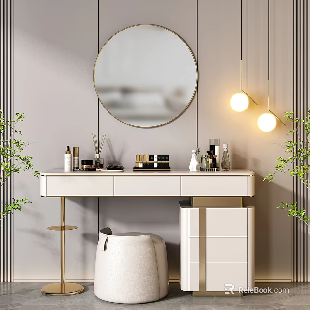 Modern Dressing Table With Round Mirror Gold Accents White Countertop Pendant Lights And Green Plants 3d model 