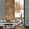 Light Colored Sofa and Coffee Table Set with Golden Tree Painting Gray Wall Floor Lamp