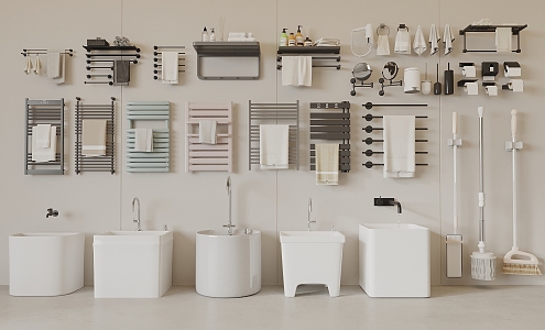 Modern Bathroom Supplies Combination Mop Pool Towel Rack Mop Trash Toilet Paper Towel Folding Cosmetic Mirror 3d model