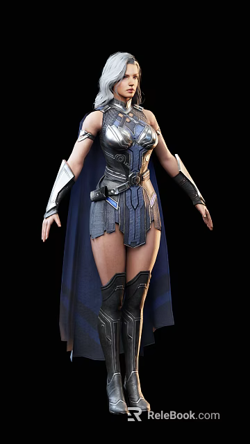 Female Warrior Character In Metallic Armor With Blue Cloak And Decorative Boots 3d model 