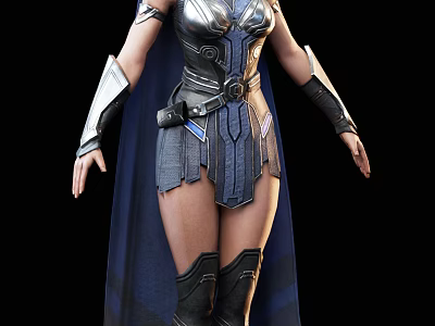 Female Warrior Character In Metallic Armor With Blue Cloak And Decorative Boots 3d model