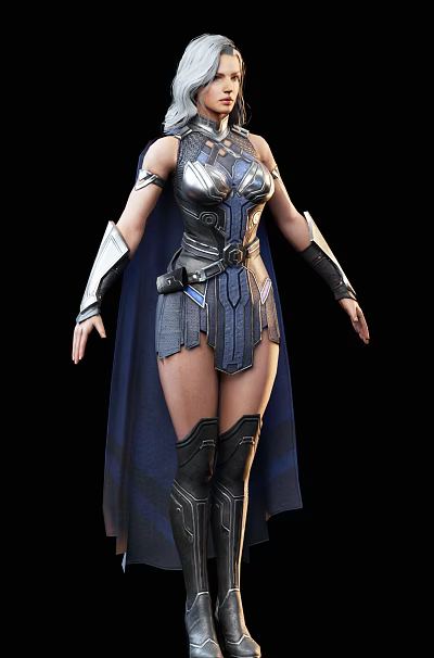 Female Warrior Character In Metallic Armor With Blue Cloak And Decorative Boots 3d model