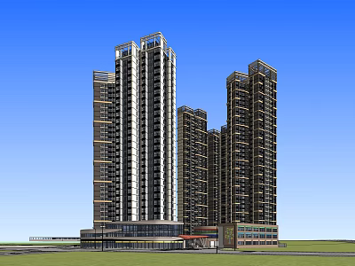 Modern High Rise Residential Buildings With Contemporary Facade Commercial Podium Against Blue Sky 3d model