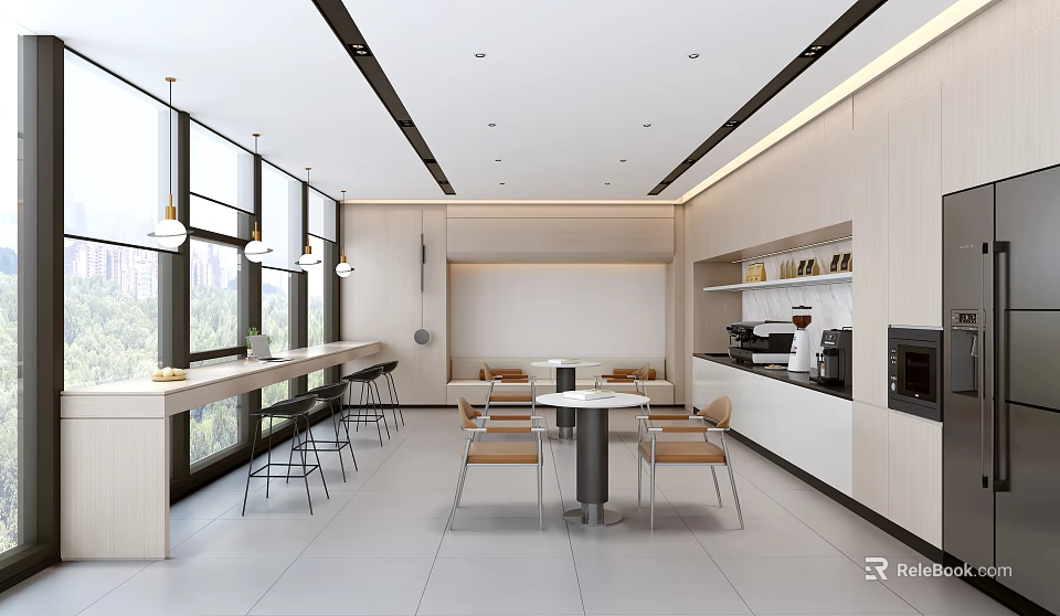 Modern Break Room With Large Windows Bar Counter Round Table Chairs Coffee Machine And Cabinets 3d model 