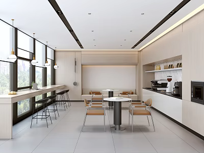 Modern Break Room With Large Windows Bar Counter Round Table Chairs Coffee Machine And Cabinets 3d model