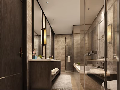 Luxury Modern Hotel Bathroom Interior With Marble Walls Glass Shower And Bathtub 3d model