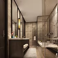 Luxury Modern Hotel Bathroom Interior With Marble Walls Glass Shower And Bathtub