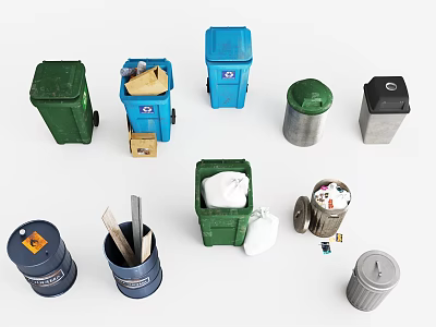Various Colored Trash Bins And Waste Containers With Lids And Wheels 3d model