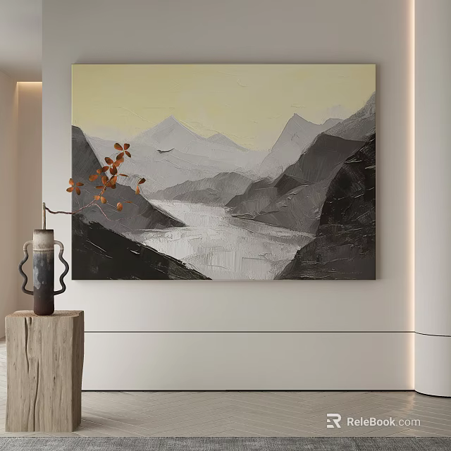 Abstract Landscape Wall Art With Mountain River And Flying Bird 3d model