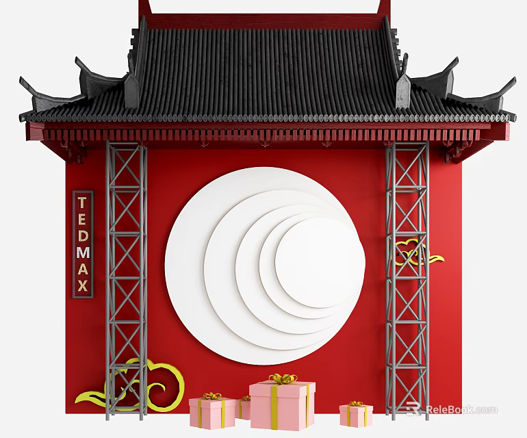 Traditional Chinese Architectural Components Featuring Black Tiled Roof Red Wall Metal Frames White Concentric Circles 3d model 