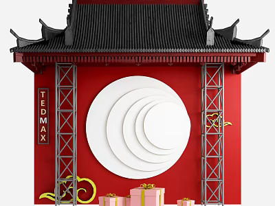 Traditional Chinese Architectural Components Featuring Black Tiled Roof Red Wall Metal Frames White Concentric Circles 3d model