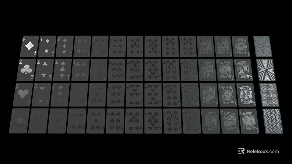 Playing Cards Arranged On Black Background With Various Suits And Numbers 3d model 