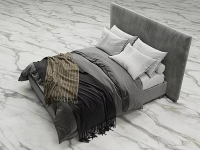 Modern Upholstered Double Bed With Light Grey Pillows And Dark Blanket On Marble Floor 3d model