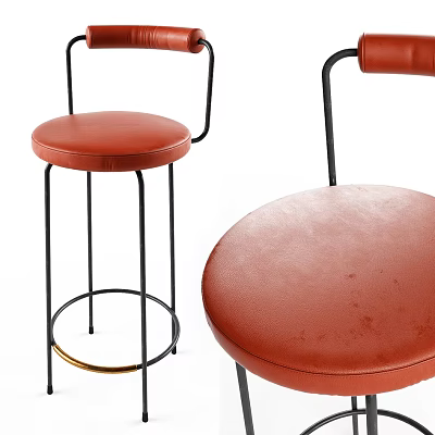 Stylish Red Leather Bar Stools With Black Metal Frame And Round Seat Design 3d model