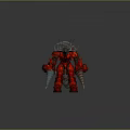 Red Armored Warrior Creature With Spiked Armor Sickle Like Weapons And Conical Arms